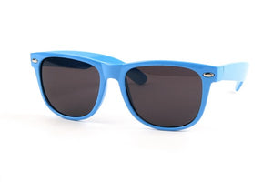 Sky blue Wayfarer style plastic frame sunglasses with dark smoke lens
