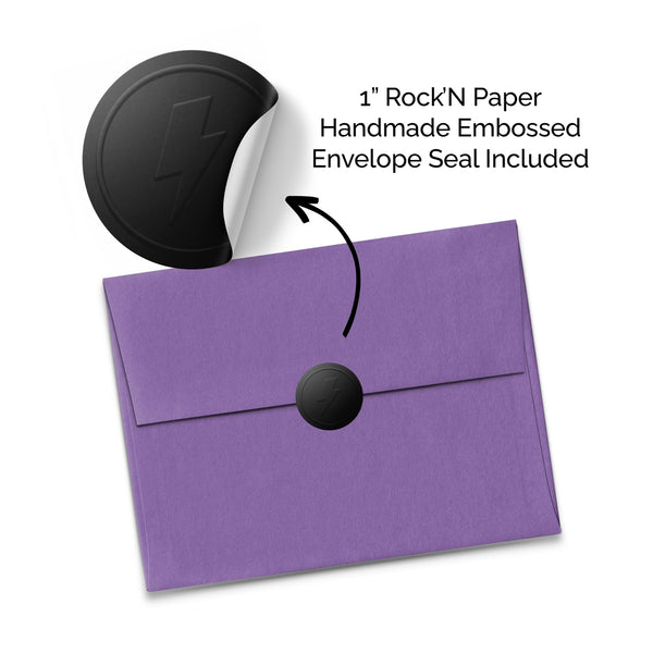 purple envelope shown sealed with black handmade 1" lightning bolt embossed round envelope seal