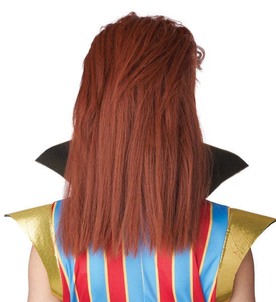 A woman wearing a red hair wig styled like David Bowie's Ziggy Stardust style auburn red hair, with orange and blue face paint, a gold cape collar, and a red, blue, and yellow striped costume top against a white background. Shown from back