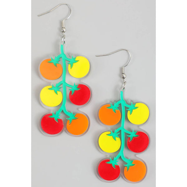 clear acrylic dangle earrings with printed image of bright orange, yellow, red tomatoes on green vine
