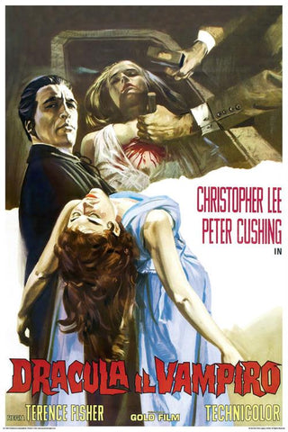 italian language movie poster for 'Dracula il Vampiro' featuring a scene with a man and woman, with text indicating the actors Christopher Lee and Peter Cushing.
