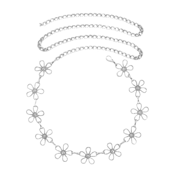 silver metal chain belt with linked row of stylized silver metal daisies. Shown flat
