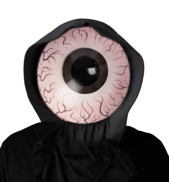 oversized bloodshot eyeball plastic mask with attached black fabric reaper-style hood. Shown from front