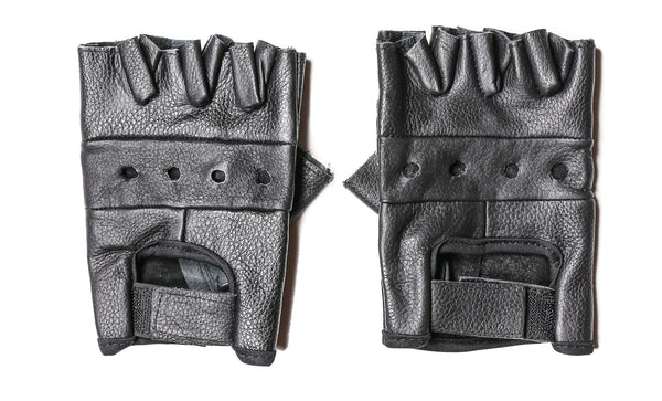 Black leather fingerless wrist length gloves with knuckle holes shown flat from front