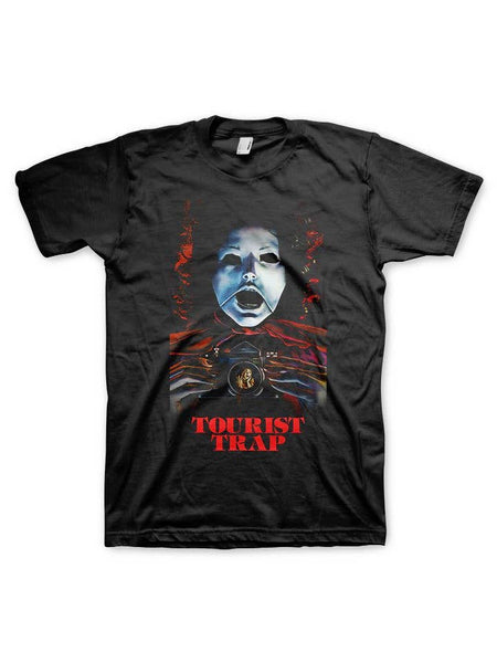 Black t-shirt with image of movie poster for the 1979 film “Tourist Trap”