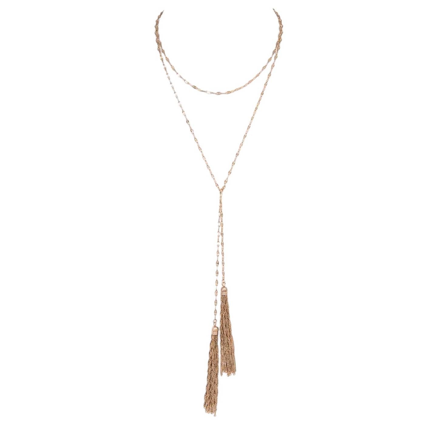 gold metal fancy style chain double chain necklace with pair of gold tassel pendants