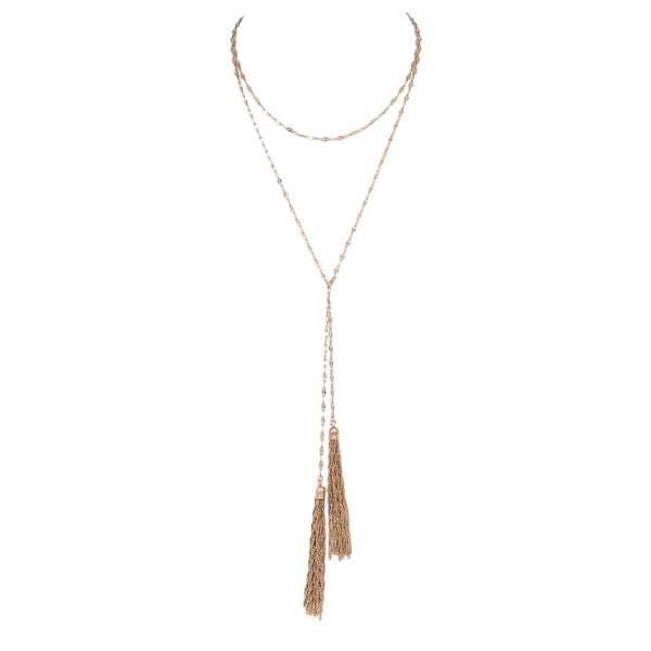 gold metal fancy style chain double chain necklace with pair of gold tassel pendants