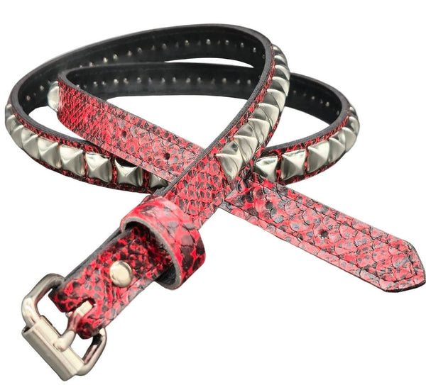 red and black textured faux snakeskin 3/4" wide belt with single row of pyramid studs. Shown flat