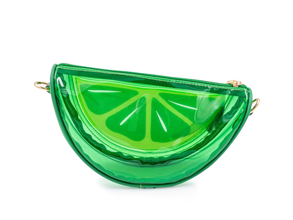 green vinyl purse shaped like slice of lime with zip closure top, zipper pulls shaped like green leaves, and removable matching strap. Shown from back