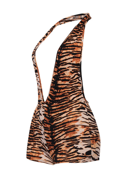 orange and black brushed fiber knit tiger print halter neck romper shown from side