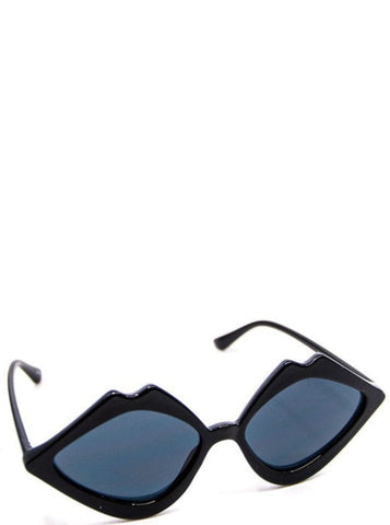 plastic frame sunglasses in the shape a pair of wide open shiny black lips with black smoke lens