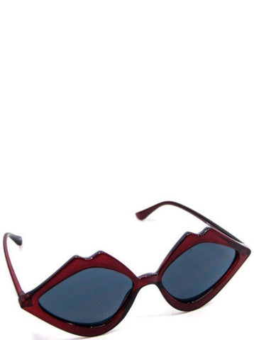 plastic frame sunglasses in the shape a pair of wide open shiny translucent dark red lips with black smoke lens