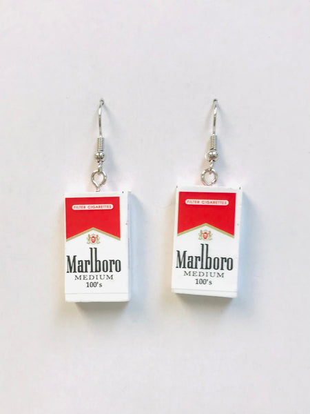 Mini packs of fake Marlboro cigarettes as pair of dangle earrings