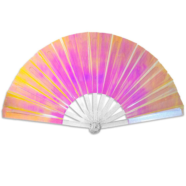 oversized translucent iridescent pink and yellow flash finish vinyl hand fan with sparkly transparent plastic ribs shown open
