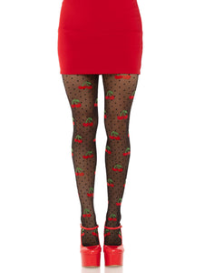 Model wearing sheer black Swiss dot patterned pantyhose with woven in green and red cherry pattern. Shown from front