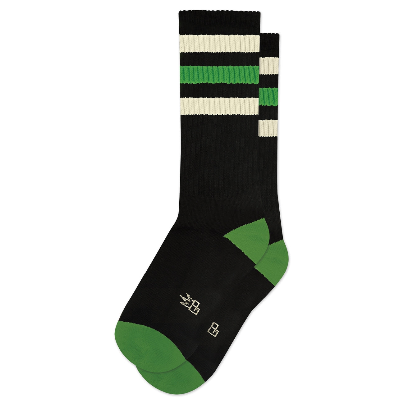 black unisex cotton blend crew socks with green & off white striped ribbed cuffs and green heels & toes