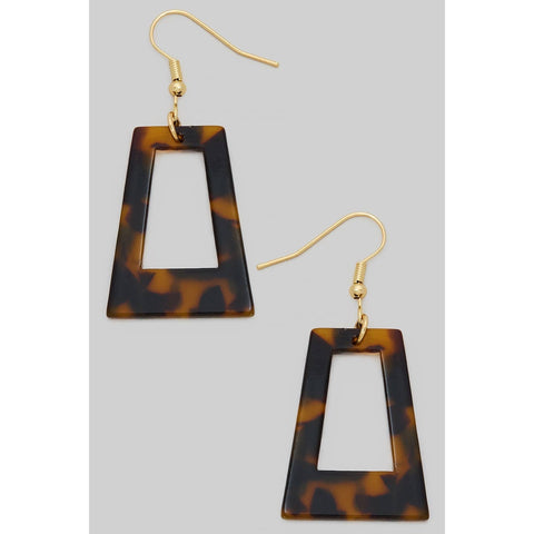 tortoiseshell patterned elongated trapezoid shaped dangle hoop earrings