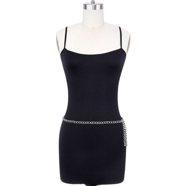 1 1/4" wide silver metal link chain belt shown on dress form