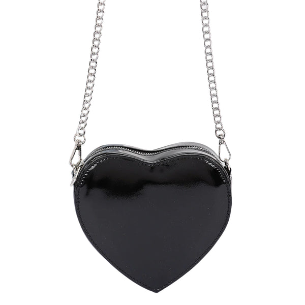 Shiny black heart-shaped vinyl purse with zip closure and detachable silver metal chain cross-body strap