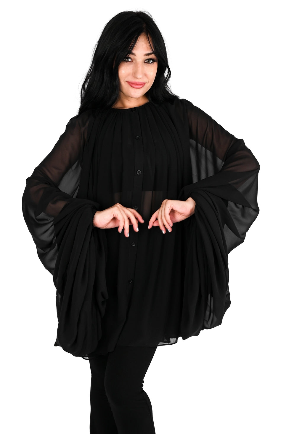 sachin and babi light blue dress Half pleated chiffon shirt dress black mode fashion dress – 個性的なファッション通販  Grimoire main image 1