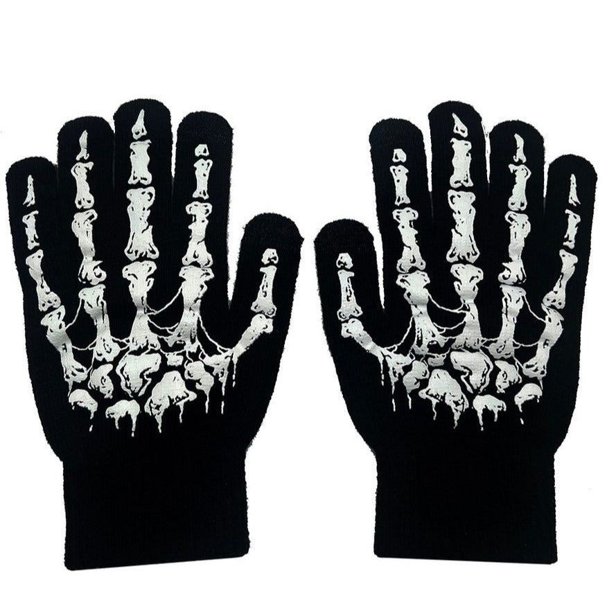 pair black and glow-in-the-dark white printed skeleton hand with cobweb gloves. Shown flat