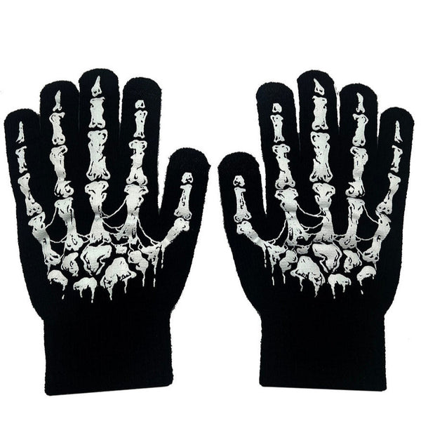 pair black and glow-in-the-dark white printed skeleton hand with cobweb gloves. Shown flat