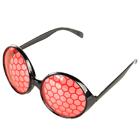 Sunglasses with red on red printed honeycomb lenses on a white background
