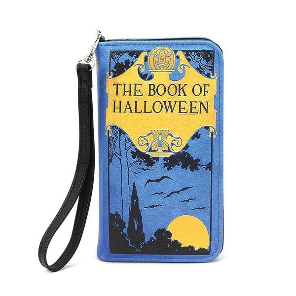 textured bright blue faux leather with black and yellow print book-shaped "The Book of Halloween" wallet. Shown from front