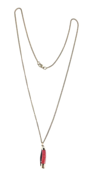 28” brass link style chain necklace with a mini stainless steel and brass pocket knife pendant with a red marbled finish handle. Shown with chain