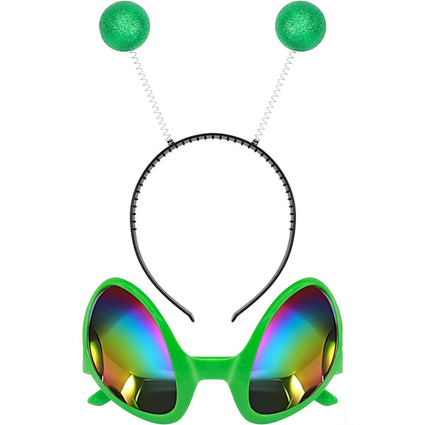 Green alien eyeglasses with a headband on a white background