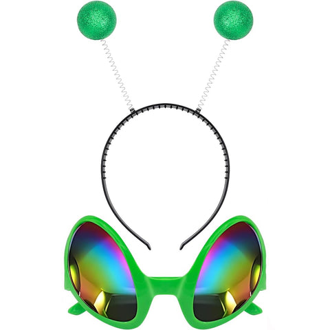 Green alien eyeglasses with a headband on a white background