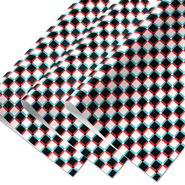 three sheets of heavyweight matte wrapping paper in a white background black, cyan, and red anaglyph 3D checker pattern