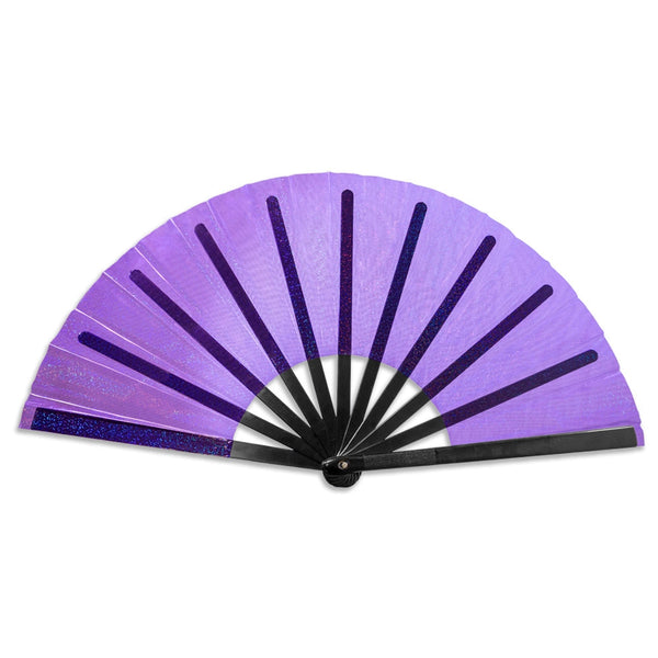 oversized transparent purple glitter vinyl hand fan with black plastic ribs shown open