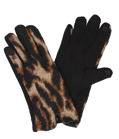 Pair of black and brown touchscreen gloves with black and gray leopard print pattern faux fur on a white background