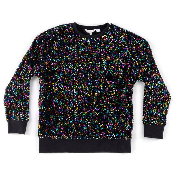 Black velvet crewneck pullover with all over embellishment of rainbow sequins on body and sleeves shown flat