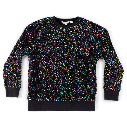 Black velvet crewneck pullover with all over embellishment of rainbow sequins on body and sleeves shown flat