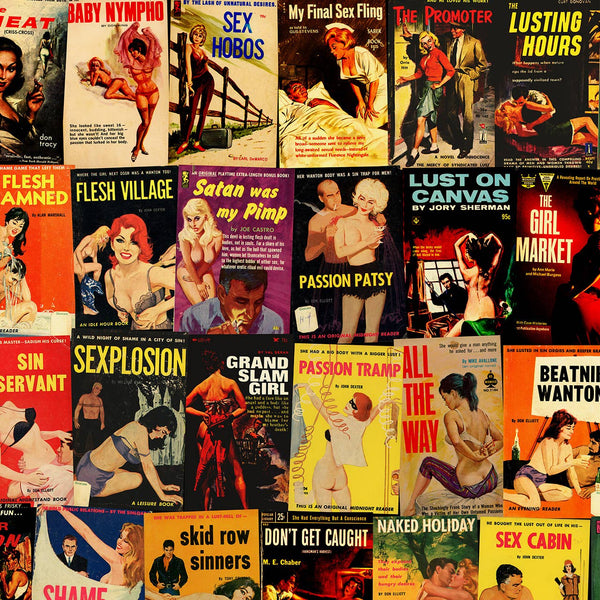 Rectangular wrapping paper sheets with alllover collage pattern of vintage adult pulp paperback covers. Pattern shown in close up