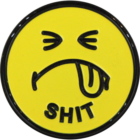 round black and yellow enameled pin of 70's smiley face with eyes closed and frowning and message "SHIT" below mouth