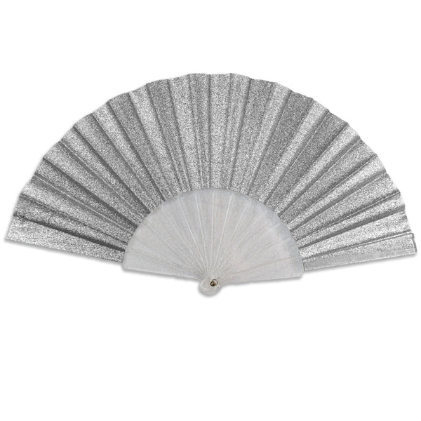 metallic silver glittery folding fan with translucent sparkly ribs shown open 