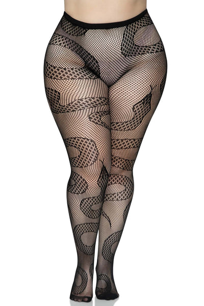 black fishnet pantyhose with large scale twining snake pattern, shown on model