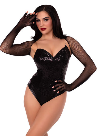 Model wearing black fishnet shrug with long sleeves and attached fingerless gloves. Shown from front