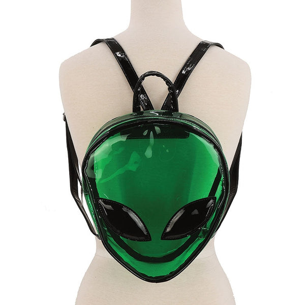 transparent bright gree vinyl mini backpack in the shape of an alien head with large black vinyl eyes and black adjustable straps and handle. Shown from the front on a dress form