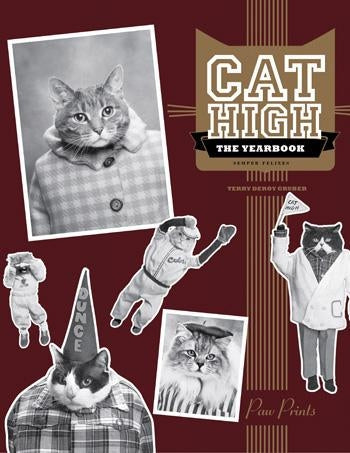 Cat-themed yearbook cover with vintage-style illustrations of cats in various poses on a red background.