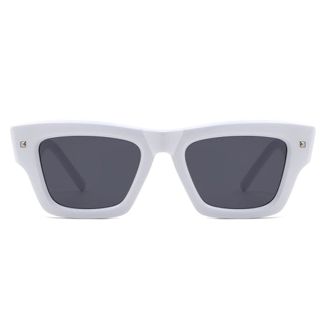 thick framed white wayfarer style sunglasses with silver square stud detail at each temple and arm with black smoke lenses. Shown from front