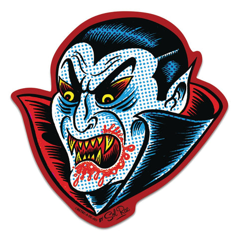 neon blue and red illustrated sticker of Dracula head with blue ben day dot details on red background die cut vinyl sticker