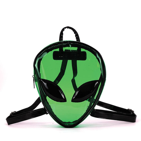 transparent bright gree vinyl mini backpack in the shape of an alien head with large black vinyl eyes and black adjustable straps and handle. Shown from the front