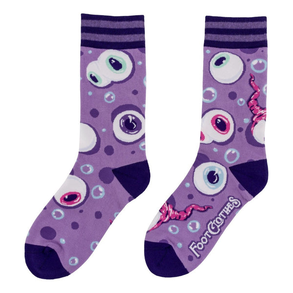 cotton unisex crew socks with allover pattern of light purple background and eyeballs with pink, purple, or blue irises. Some eyes have pink optic nerves. Surrounded by blue bubbles. Dark purple striped cuffs and solid purple toes and heels. Shown flat
