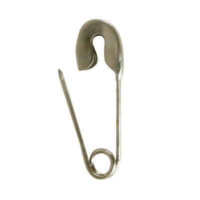 large silver metal safety pin shown open