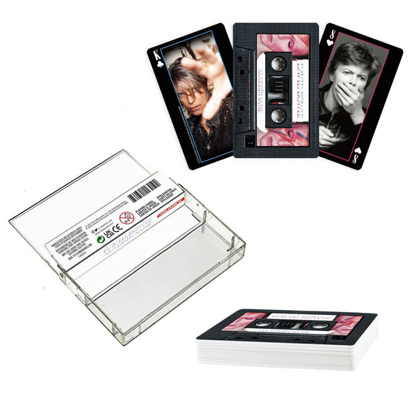 David Bowie playing cards in cassette carrying case shown with cards and cassette-style art on back of cards. Case shown open and empty alongside deck
