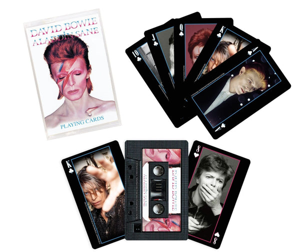 David Bowie playing cards in cassette carrying case shown with cards and cassette-style art on back of cards